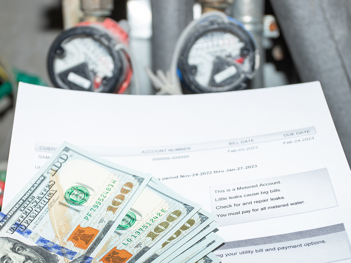 Utility receipt and water meters with cash laid on top.